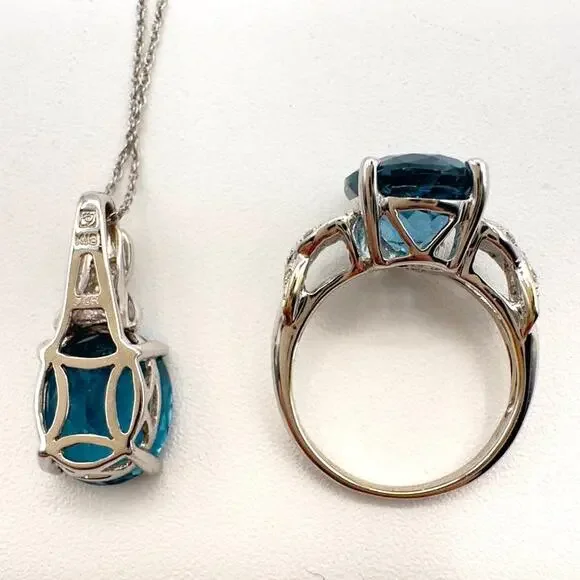 John C Rinker Blue Topaz 18K White Gold Pendant Necklace and Ring w Diamonds